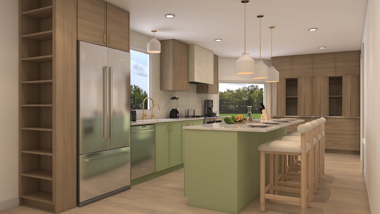 Terra Design & Build — kitchen render, sage cabinetry
