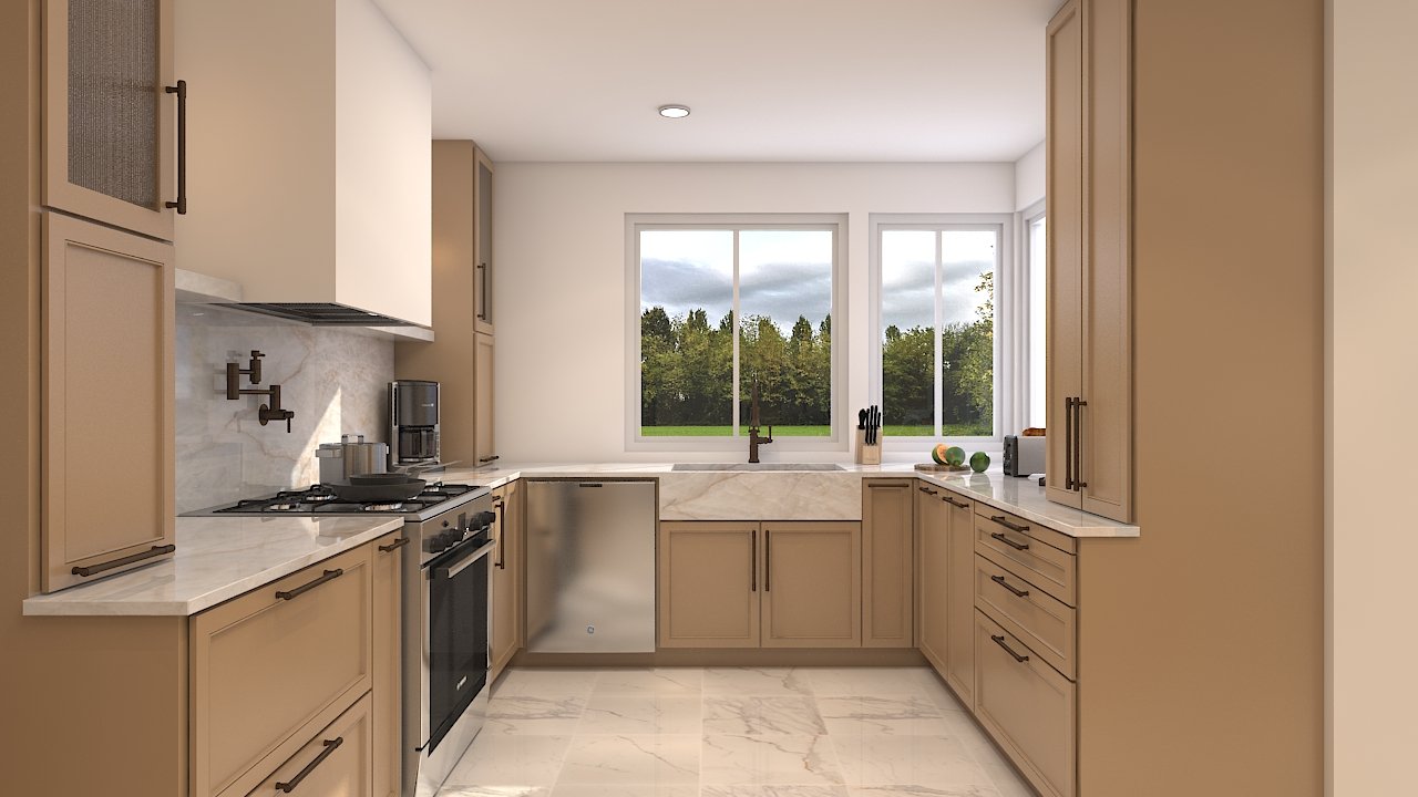 Terra Design & Build — kitchen render, warm tan cabinetry